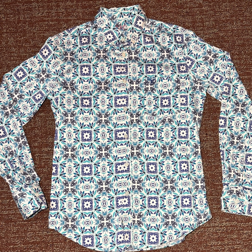 Blue geometric Patterned Long Sleeve collared Shirt western button down small